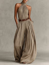 Caterina | Combinaison large couleur taupe avec décolleté américain de style boho