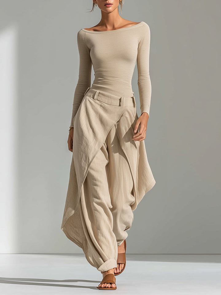 Carlotta | Ensemble beige avec top bateau et pantalons larges drapés