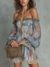 Elvira | Mini robe florale off-shoulder avec manches amples et bords en dentelle