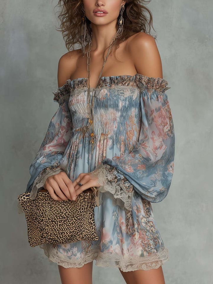 Elvira | Mini robe florale off-shoulder avec manches amples et bords en dentelle