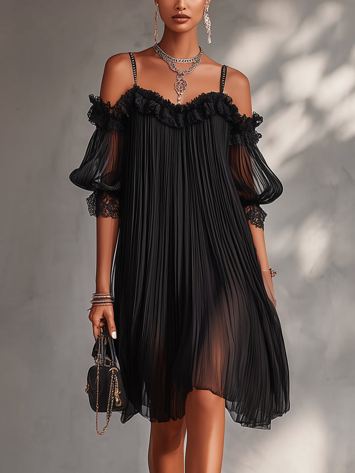Margaret™ | Mini-Robe Noire en Mousseline et Dentelle