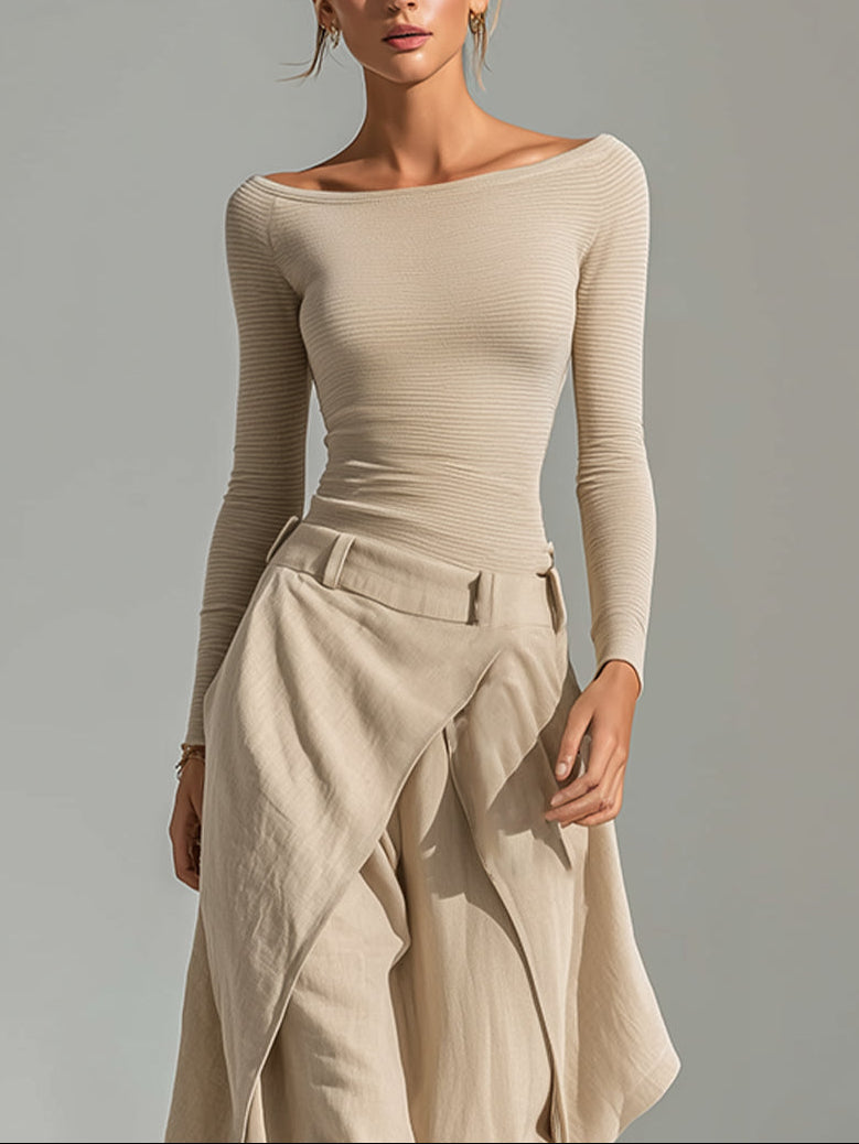 Carlotta | Ensemble beige avec top bateau et pantalons larges drapés
