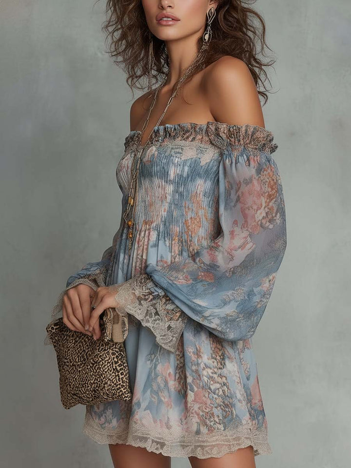 Elvira | Mini robe florale off-shoulder avec manches amples et bords en dentelle