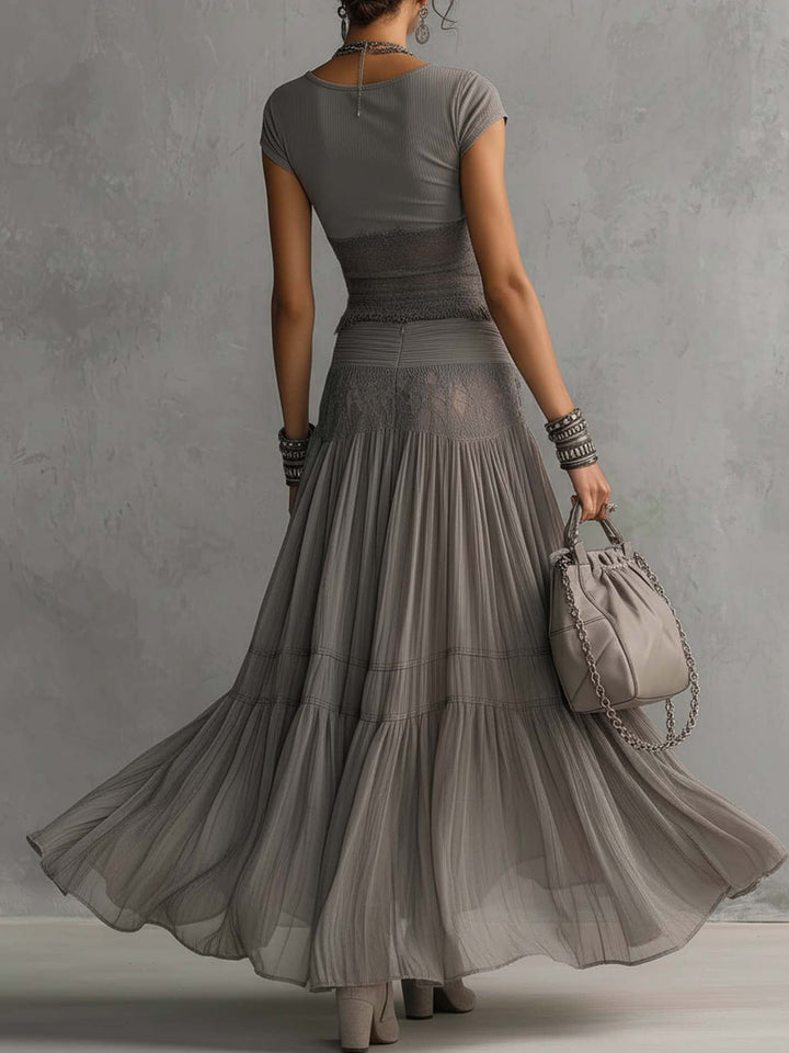 Vesper | Lace-Paneled Top & Pleated Maxi Skirt Set