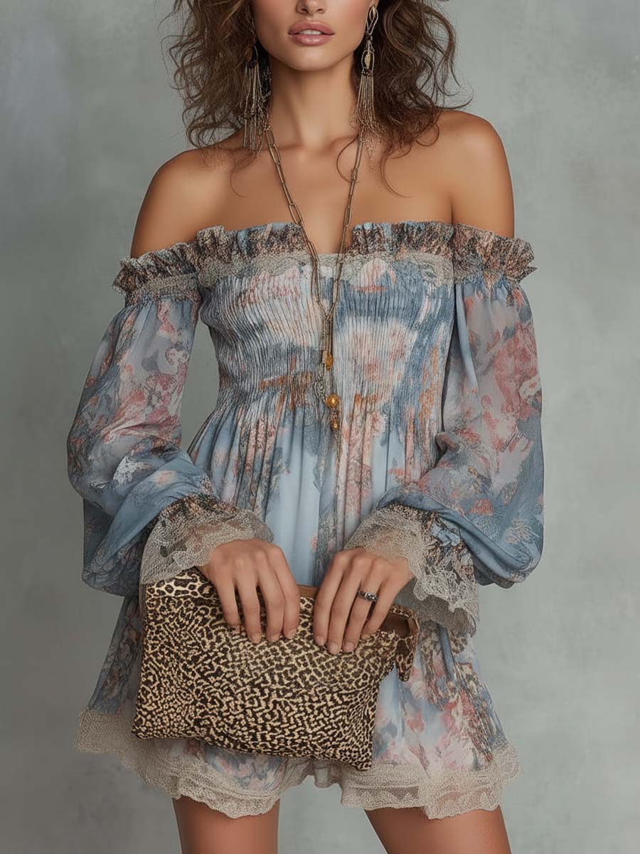 Elvira | Mini robe florale off-shoulder avec manches amples et bords en dentelle