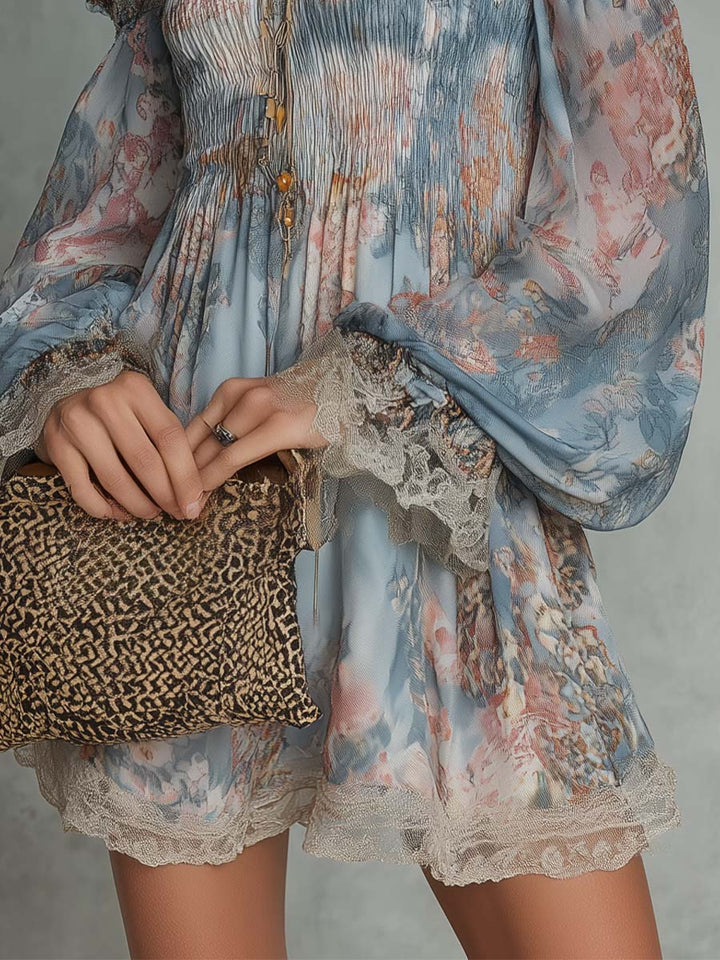 Elvira | Mini robe florale off-shoulder avec manches amples et bords en dentelle