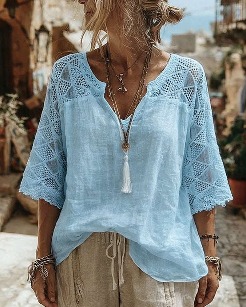 Blouse Unicolore à Panneaux et Col en V