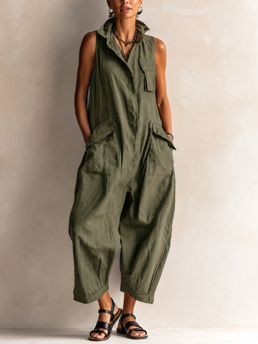 Combinaison cargo sans manches en coton avec silhouette décontractée