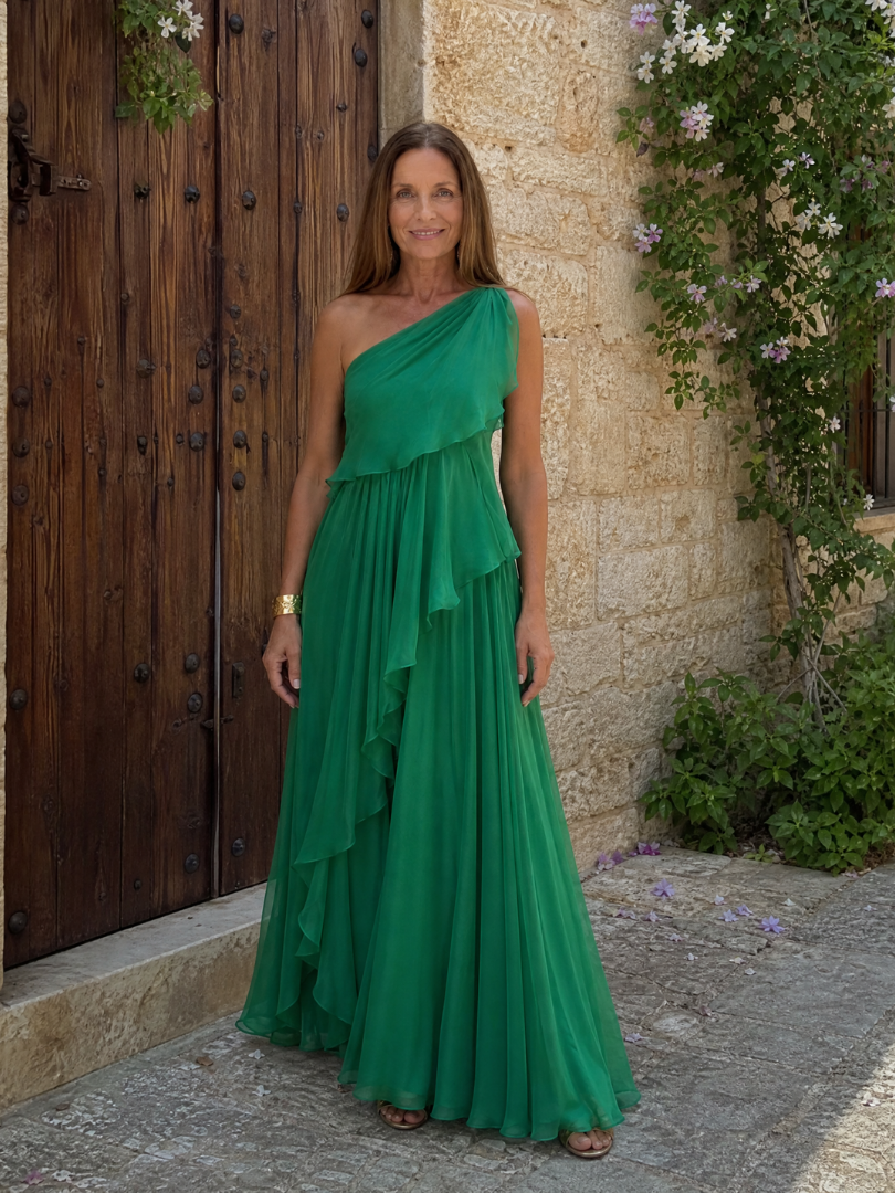 Maxi robe verte à épaule unique avec volants en cascade
