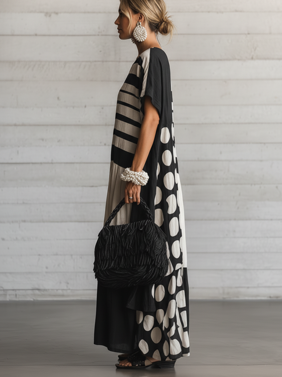 Robe Maxi Décontractée Rétro en Coton-Lin pour Femmes — Col Rond, Manches Courtes