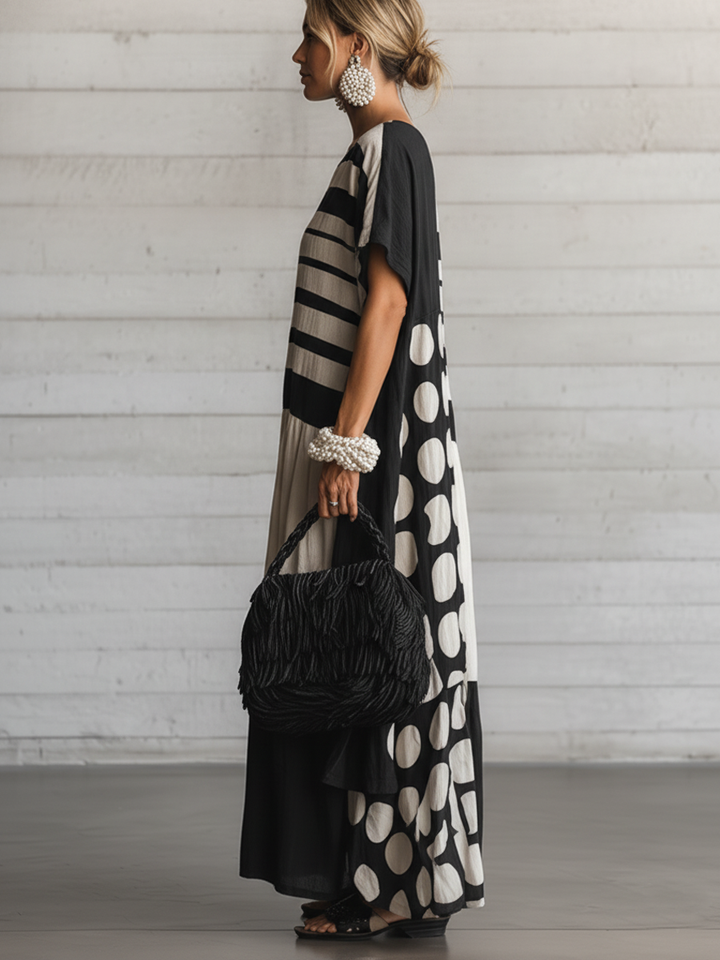 Robe Maxi Décontractée Rétro en Coton-Lin pour Femmes — Col Rond, Manches Courtes