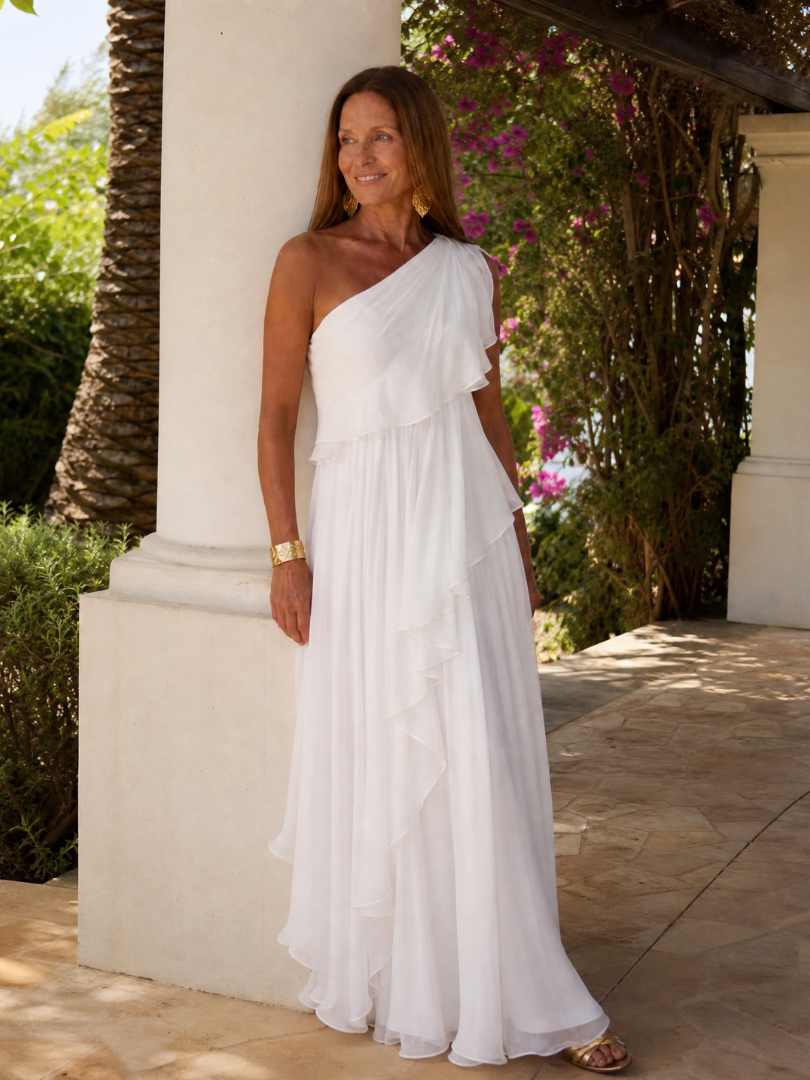 Maxi robe verte à épaule unique avec volants en cascade