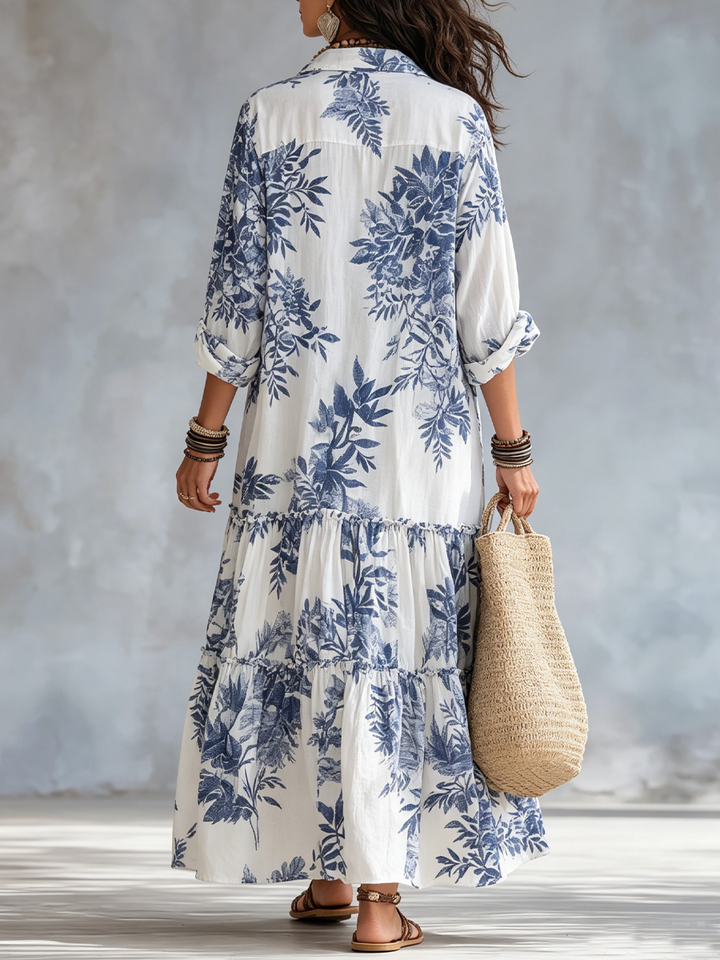 Dahlia | Robe maxi à boutons floraux bleus bohèmes