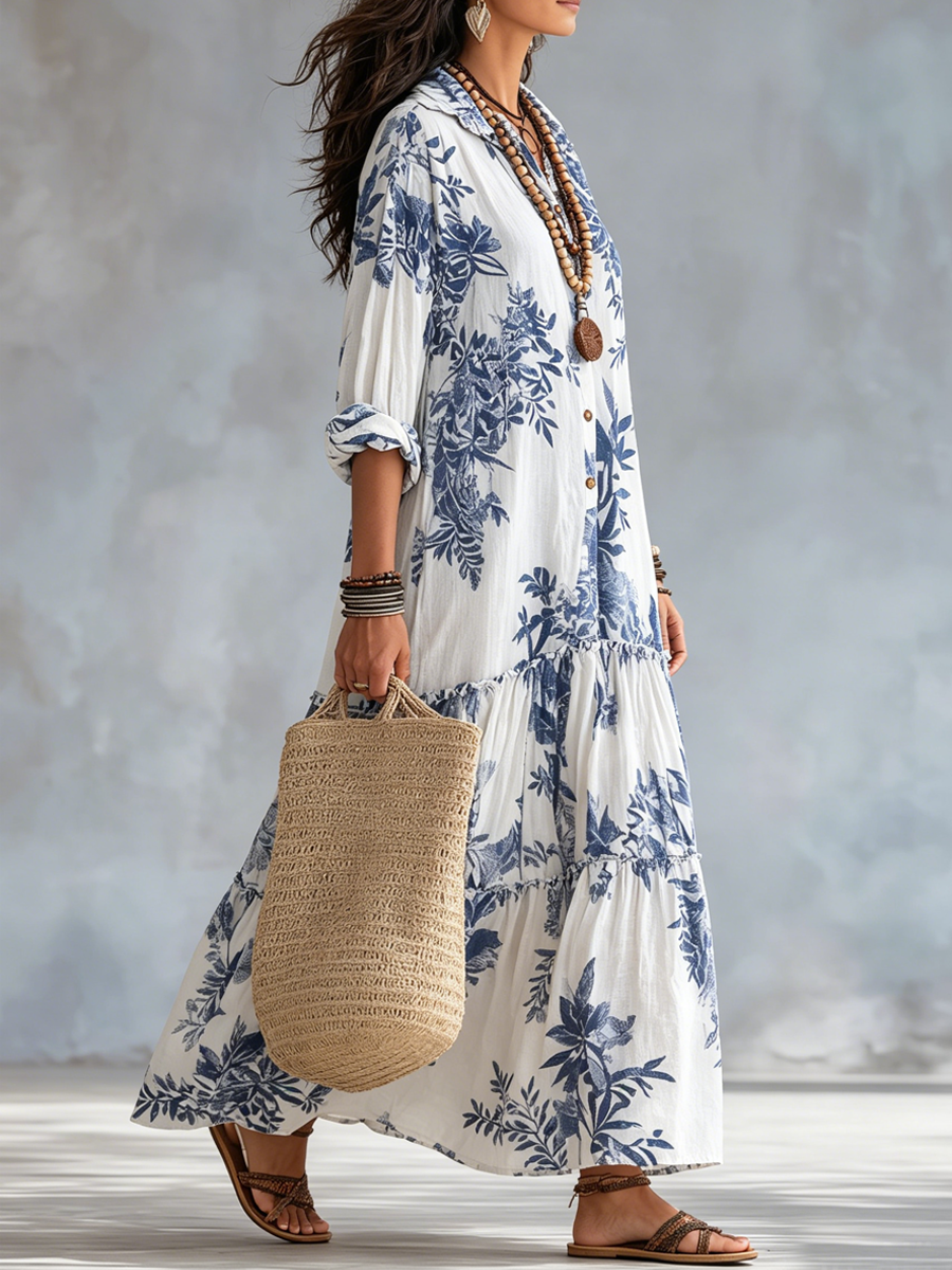 Dahlia | Robe maxi à boutons floraux bleus bohèmes