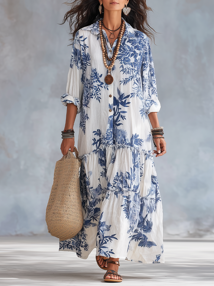 Dahlia | Robe maxi à boutons floraux bleus bohèmes