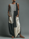 Robe maxi sans manches en patchwork en mélange de lin décontractée pour femmes avec poches
