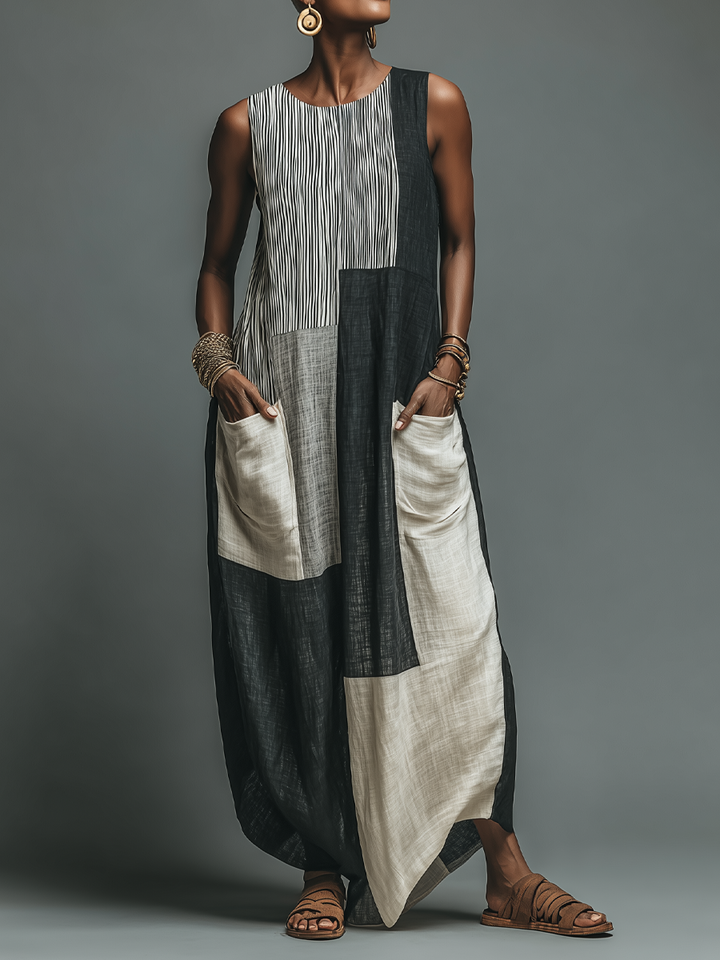 Robe maxi sans manches en patchwork en mélange de lin décontractée pour femmes avec poches