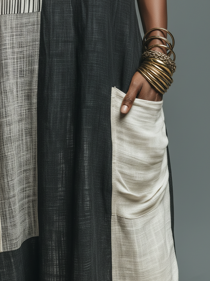 Robe maxi sans manches en patchwork en mélange de lin décontractée pour femmes avec poches