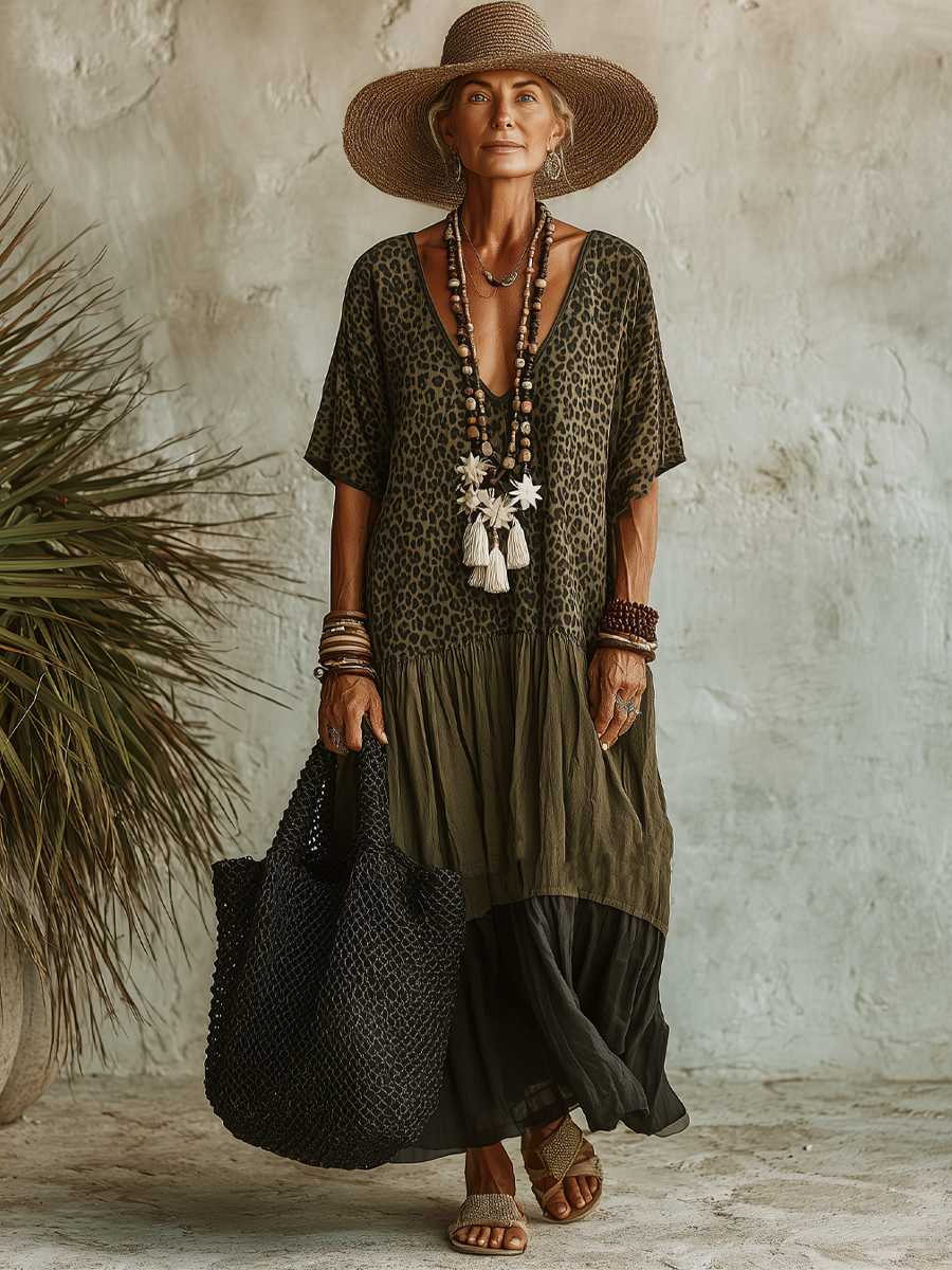 Robe maxi à manches courtes en V avec imprimé léopard pour femmes