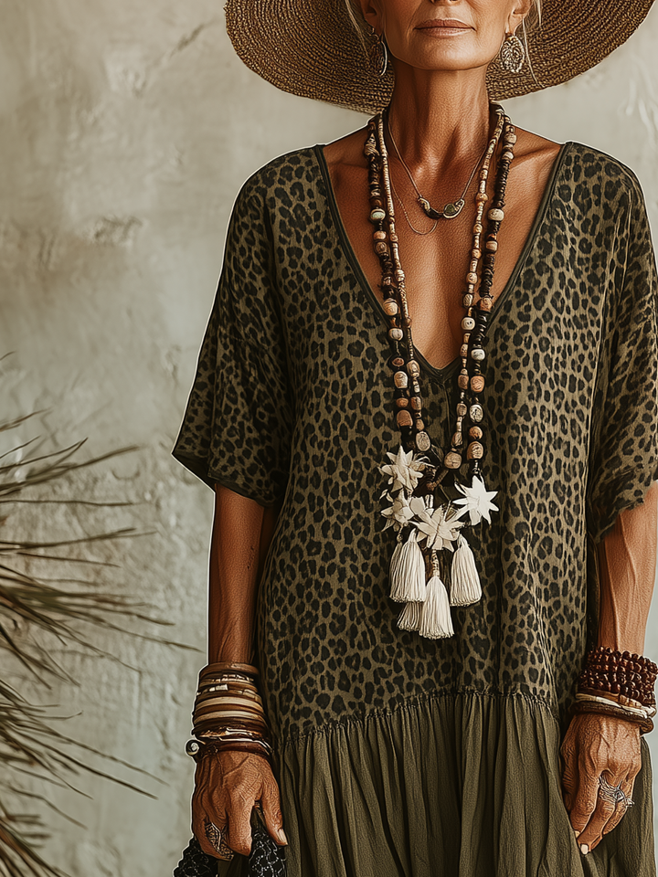 Robe maxi à manches courtes en V avec imprimé léopard pour femmes