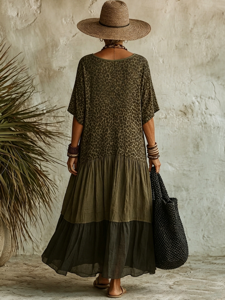 Robe maxi à manches courtes en V avec imprimé léopard pour femmes