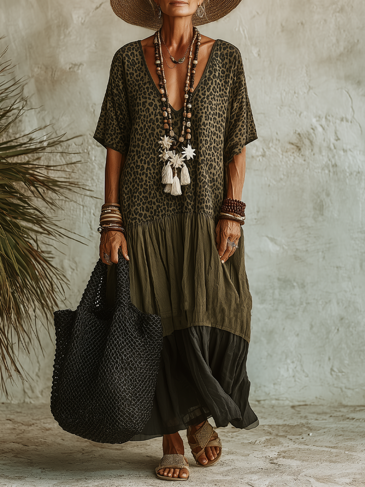 Robe maxi à manches courtes en V avec imprimé léopard pour femmes