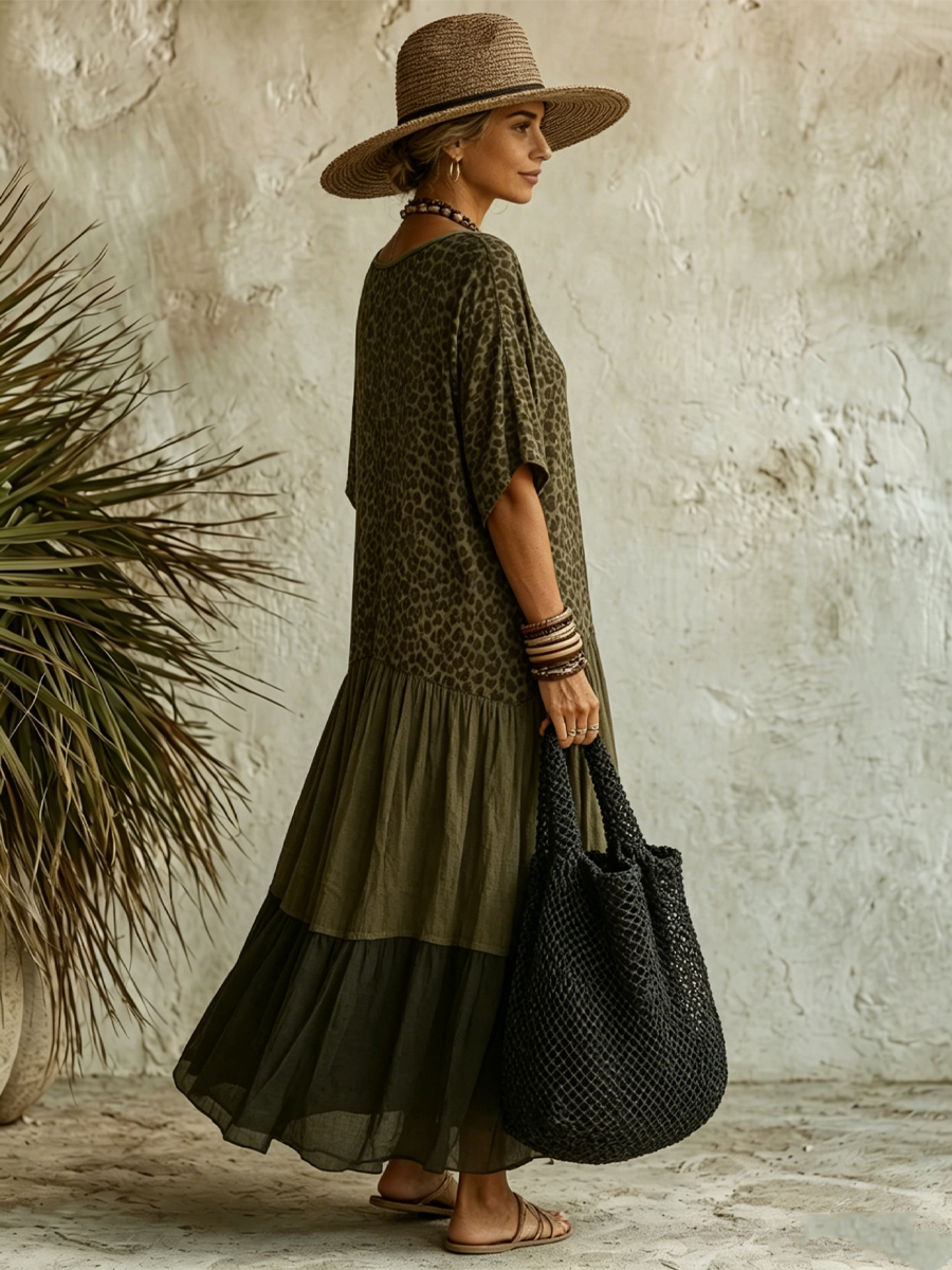 Robe maxi à manches courtes en V avec imprimé léopard pour femmes