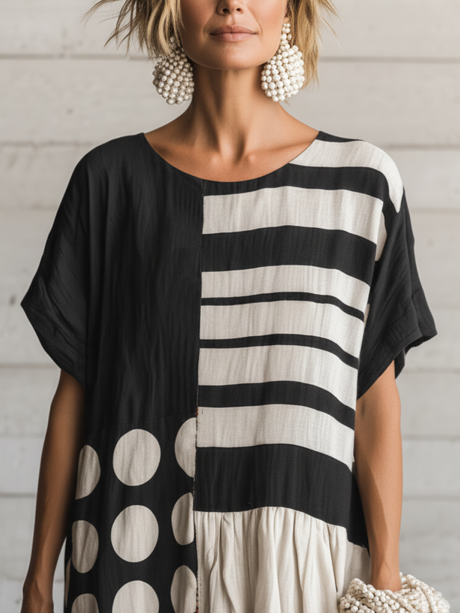 Robe Maxi Décontractée Rétro en Coton-Lin pour Femmes — Col Rond, Manches Courtes