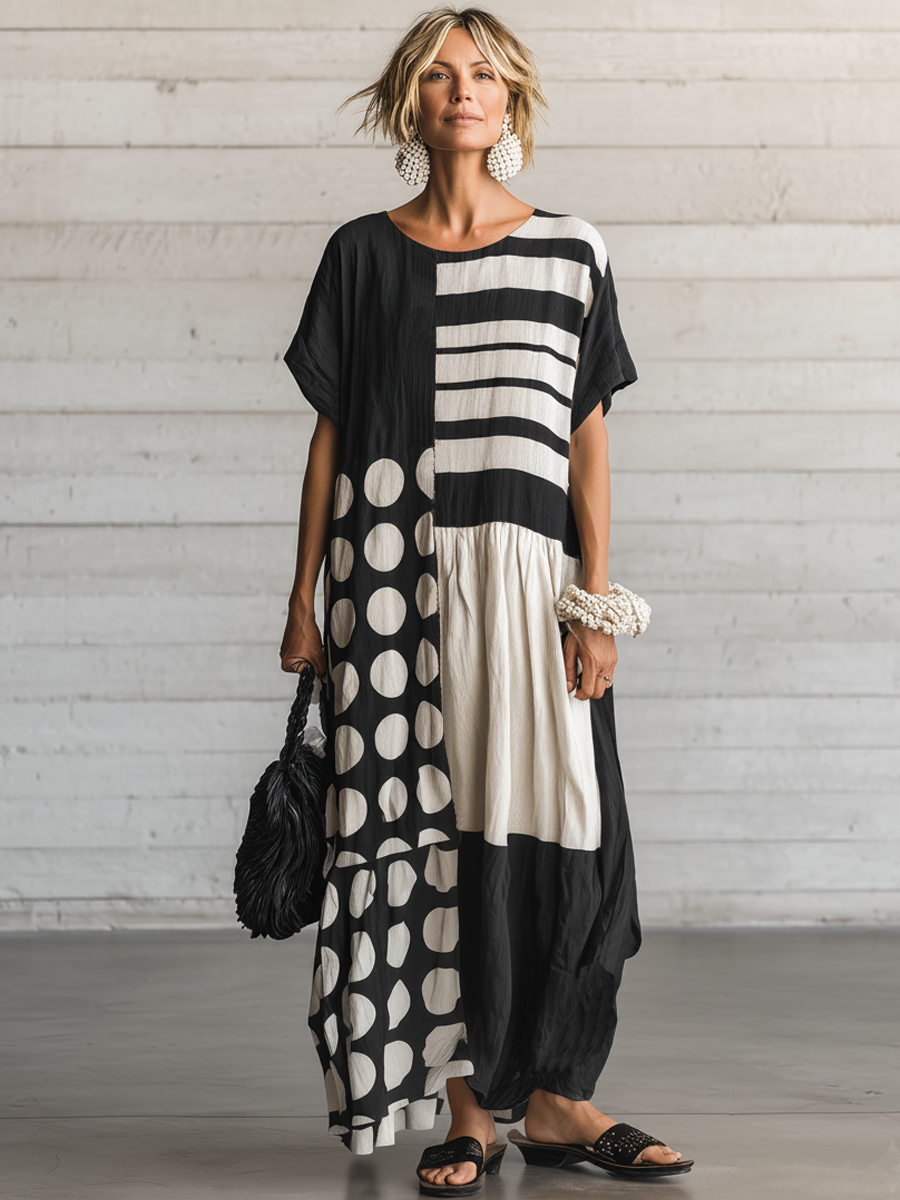 Robe Maxi Décontractée Rétro en Coton-Lin pour Femmes — Col Rond, Manches Courtes