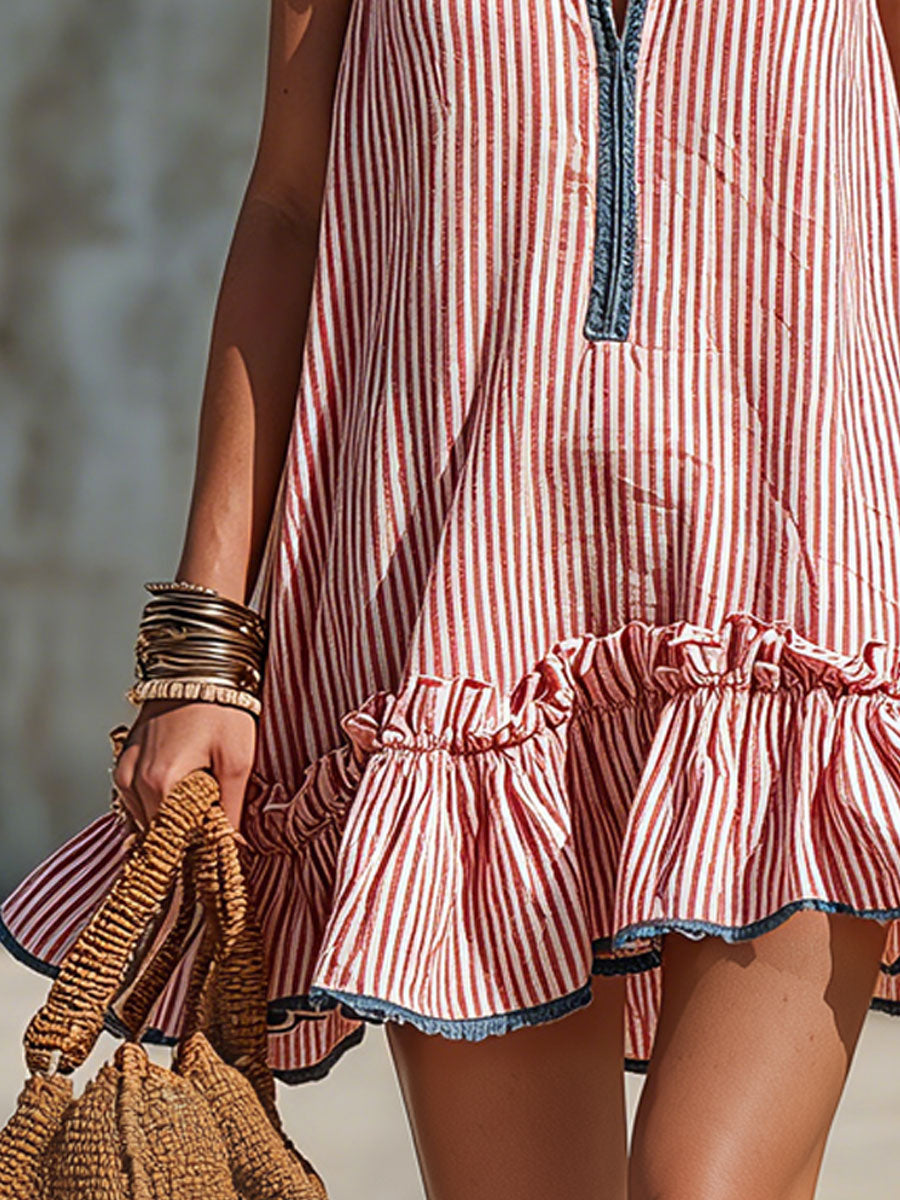 Fiammetta | Mini robe à rayures sans manches avec volants et décolleté rond