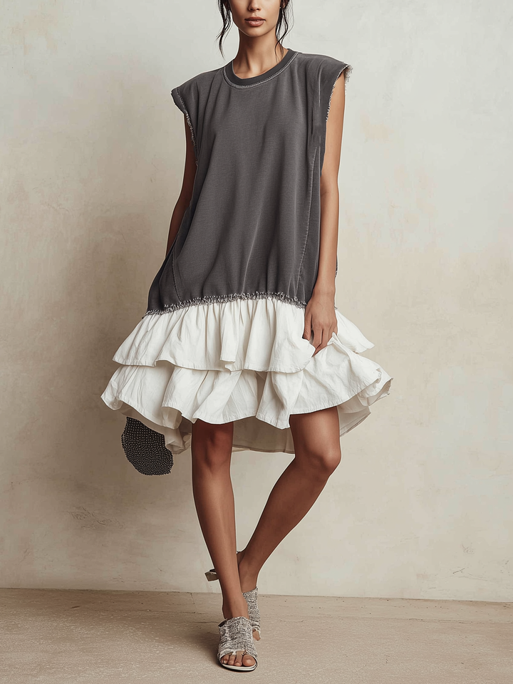 Robe Mini Sans Manches à Volants Superposés avec Bord Brut Contrasté | Robe Décontractée Color Block pour Vacances