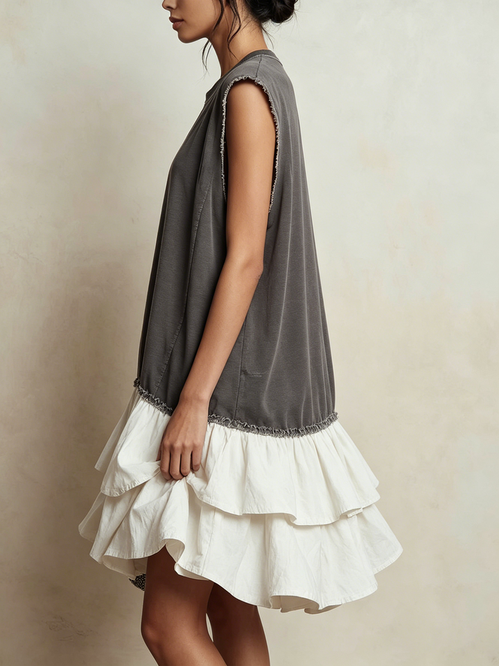 Robe Mini Sans Manches à Volants Superposés avec Bord Brut Contrasté | Robe Décontractée Color Block pour Vacances