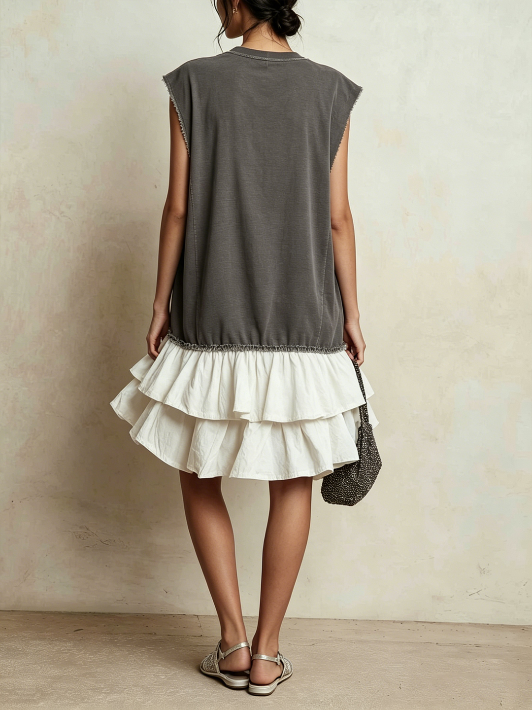 Robe Mini Sans Manches à Volants Superposés avec Bord Brut Contrasté | Robe Décontractée Color Block pour Vacances