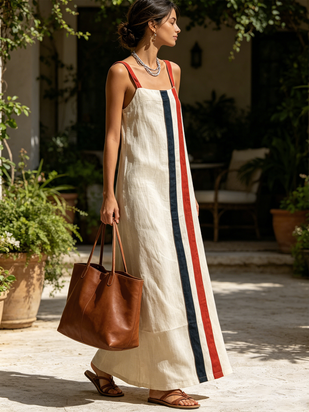 Robe maxi sans manches en mélange de lin à rayures verticales