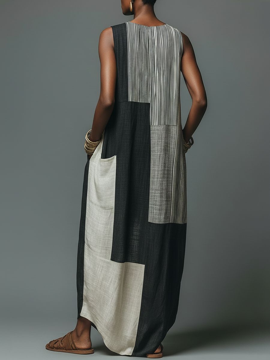 Robe maxi sans manches en patchwork en mélange de lin décontractée pour femmes avec poches