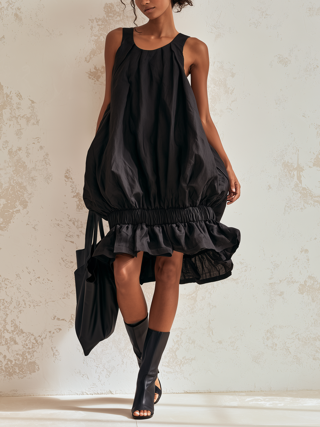 Robe midi bulle sans manches noire avec taille élastique froncée et ourlet volanté, robe ample en forme de tente