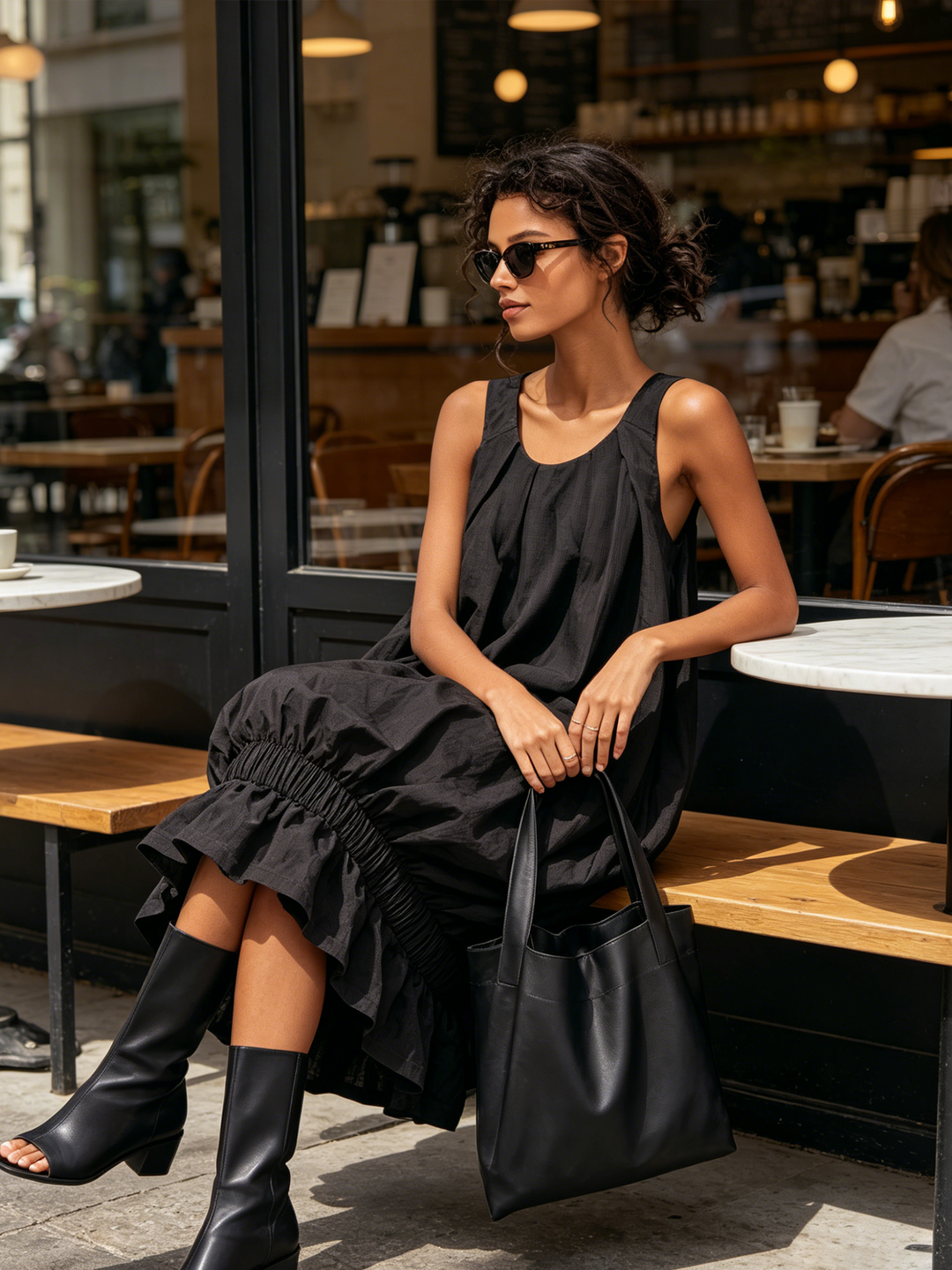 Robe midi bulle sans manches noire avec taille élastique froncée et ourlet volanté, robe ample en forme de tente