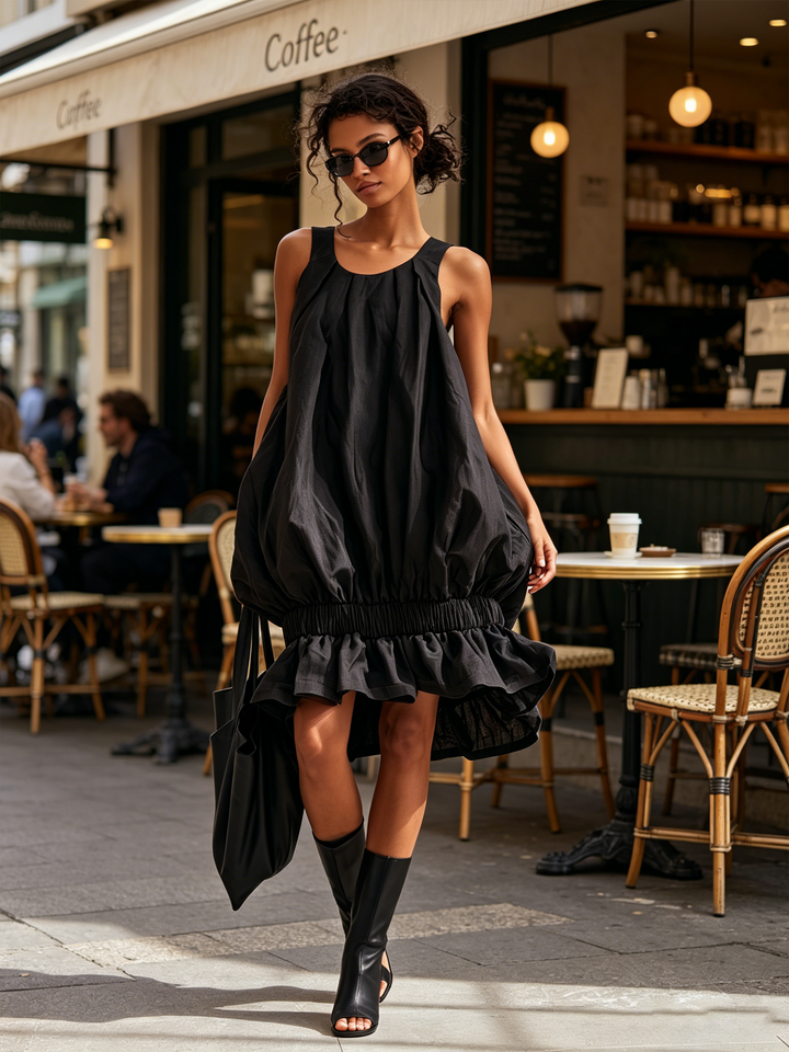 Robe midi bulle sans manches noire avec taille élastique froncée et ourlet volanté, robe ample en forme de tente