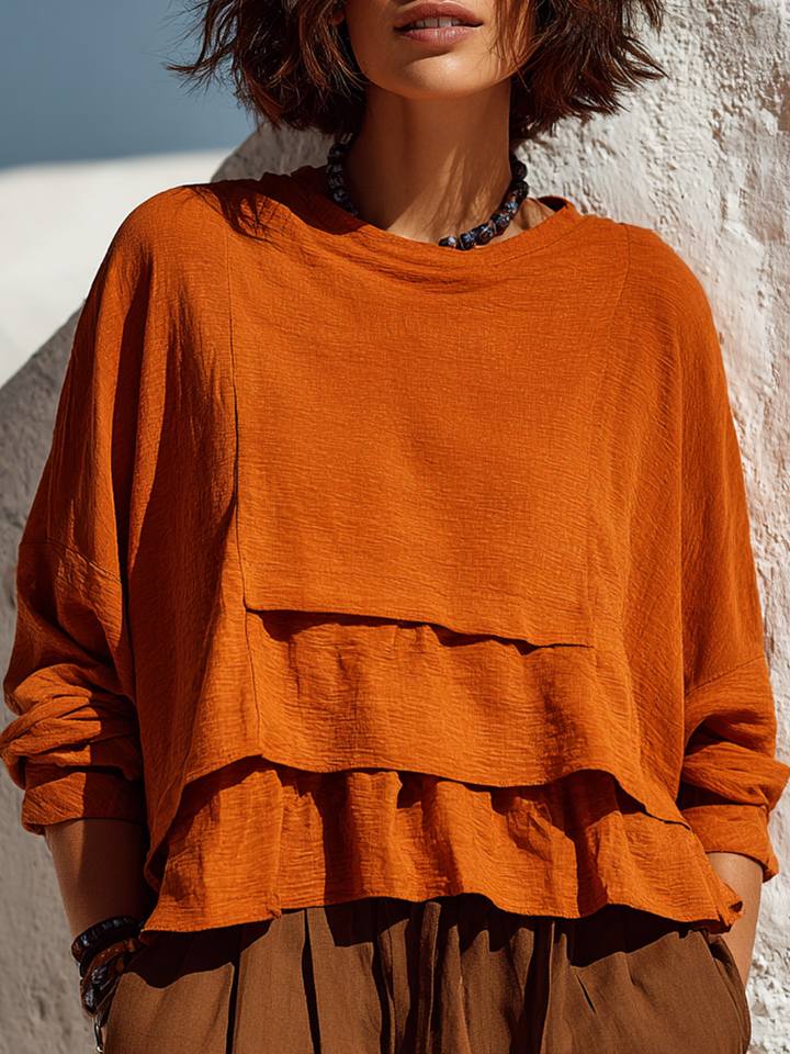 T-shirt à manches longues en lin mélangé, coupe ample, couleur unie pour femmes