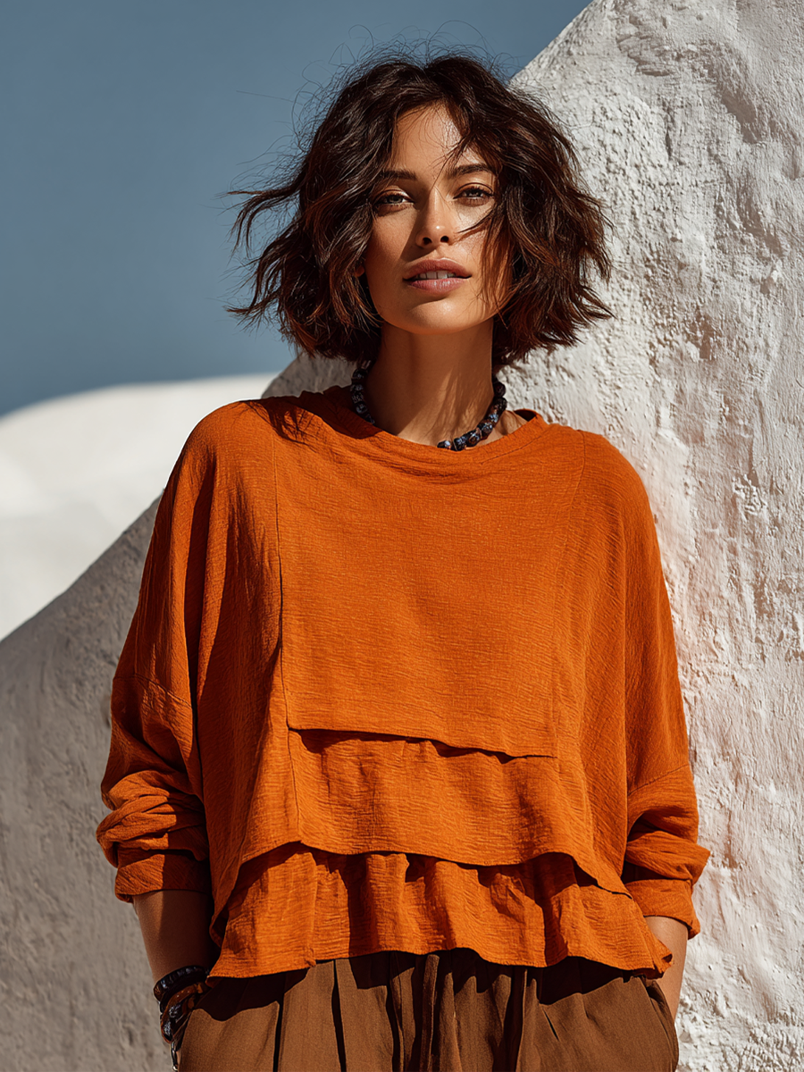 T-shirt à manches longues en lin mélangé, coupe ample, couleur unie pour femmes