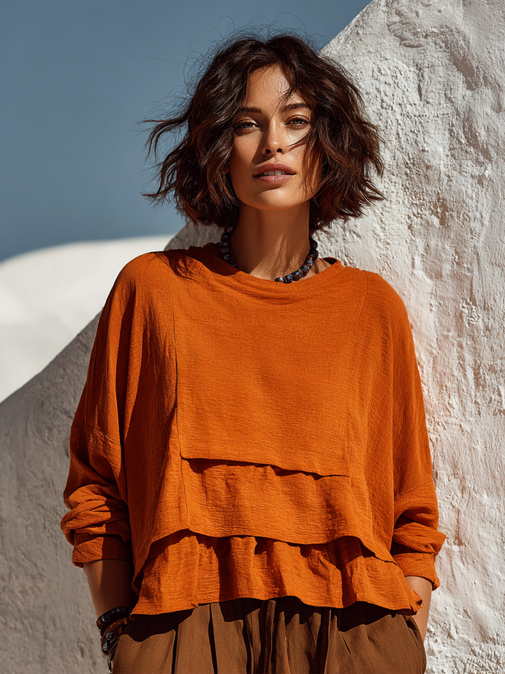 T-shirt à manches longues en lin mélangé, coupe ample, couleur unie pour femmes