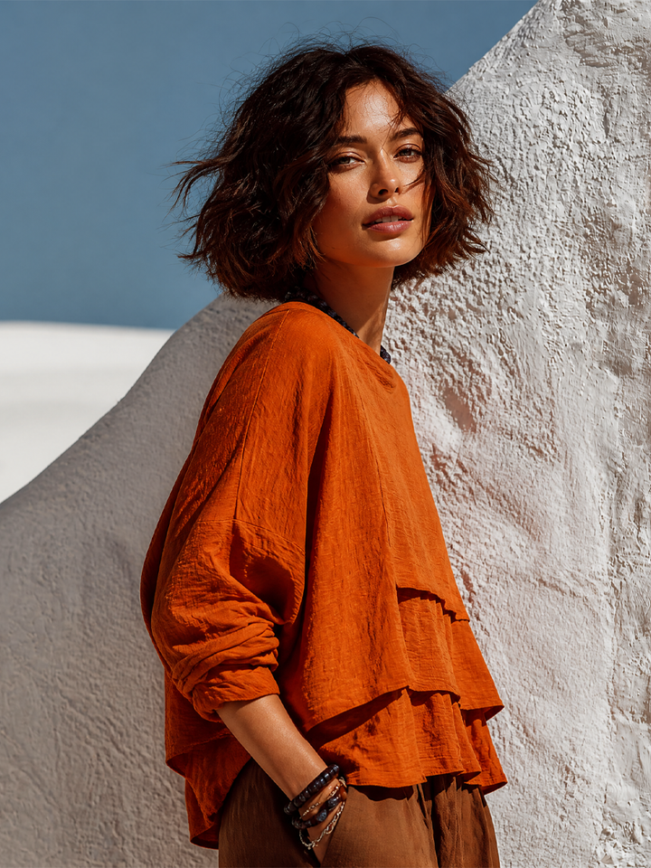 T-shirt à manches longues en lin mélangé, coupe ample, couleur unie pour femmes