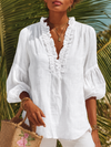 Chemise Femme Rétro Casual en Coton Lin Unie à Manches Trois Quarts