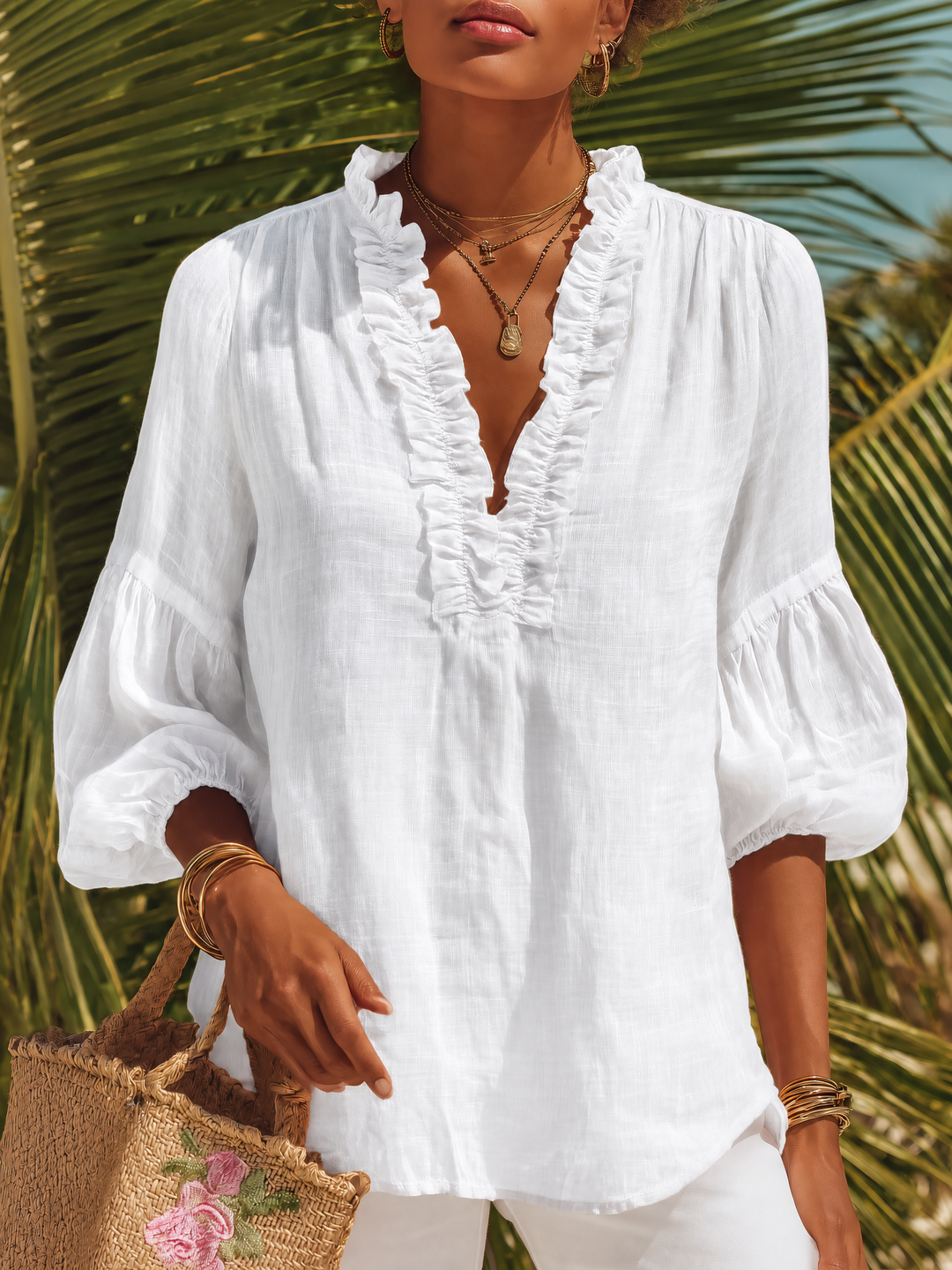 Chemise Femme Rétro Casual en Coton Lin Unie à Manches Trois Quarts