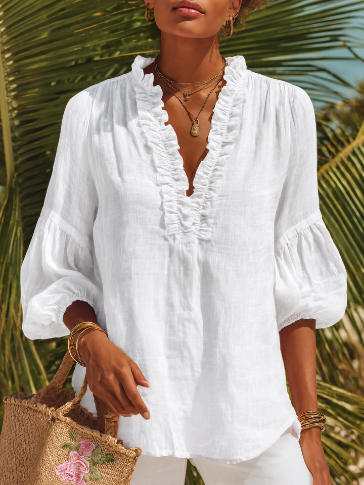 Chemise Femme Rétro Casual en Coton Lin Unie à Manches Trois Quarts
