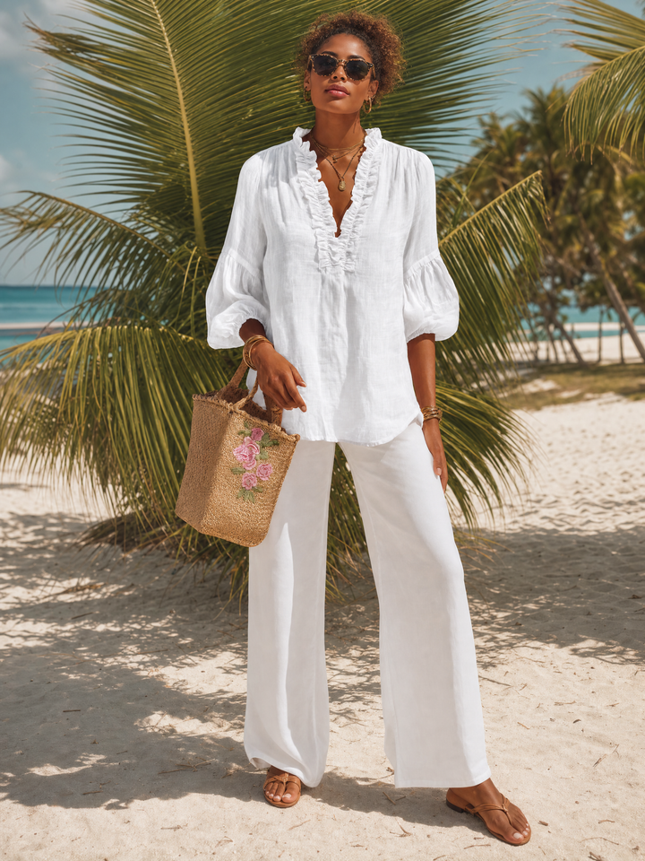 Chemise Femme Rétro Casual en Coton Lin Unie à Manches Trois Quarts