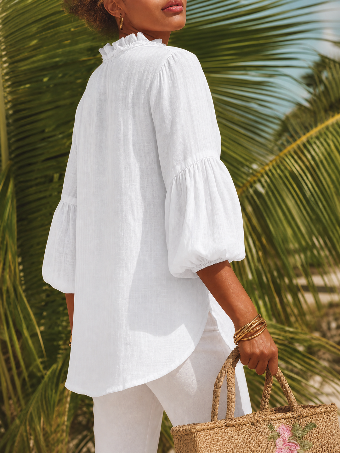 Chemise Femme Rétro Casual en Coton Lin Unie à Manches Trois Quarts