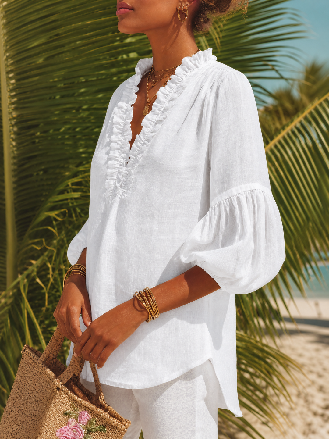 Chemise Femme Rétro Casual en Coton Lin Unie à Manches Trois Quarts
