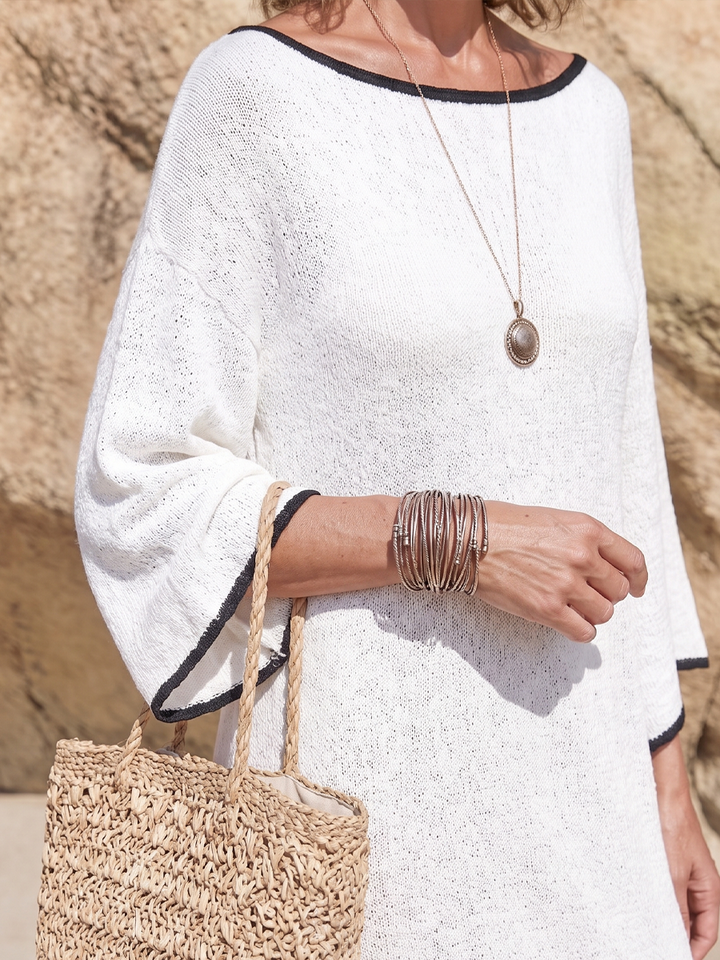 Robe Midi Tricot à Col Bateau pour Femmes avec Manches Évasées 3/4