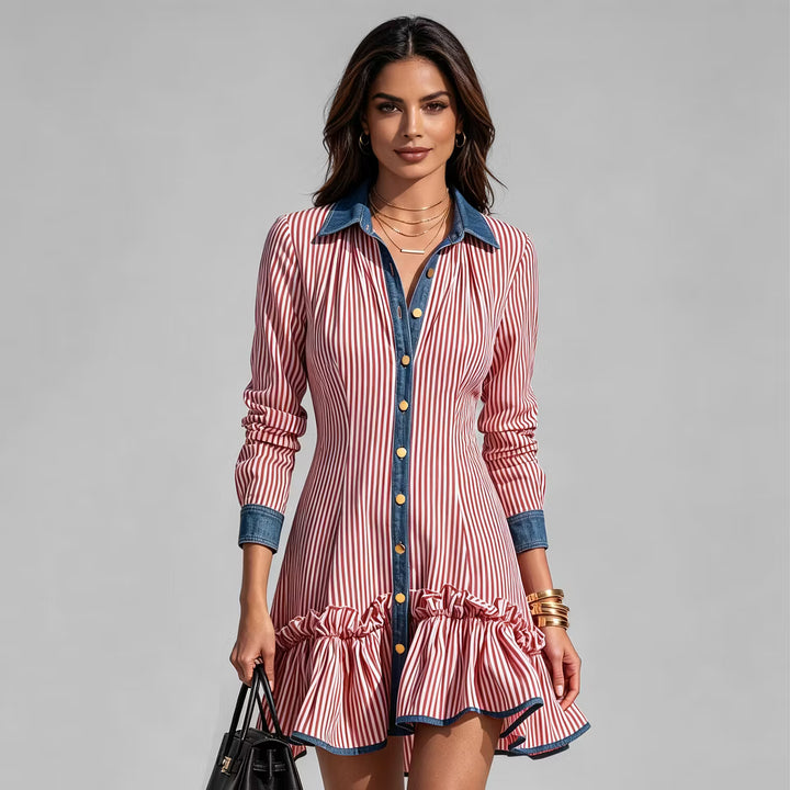 Robe Mini à Manches Longues en Jean avec Col Splicé à Rayures Contrastées pour Femmes